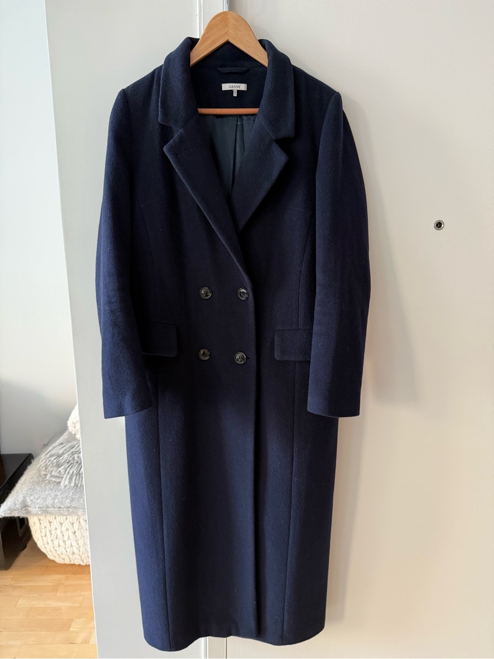 Ganni Navy Double-Breasted Wool Trench Coat